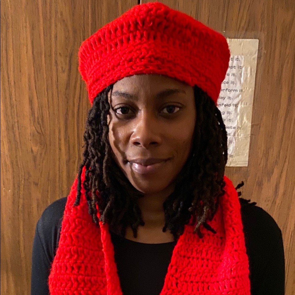 Handmade-knitted scarf and hat by Lydia Fludd
